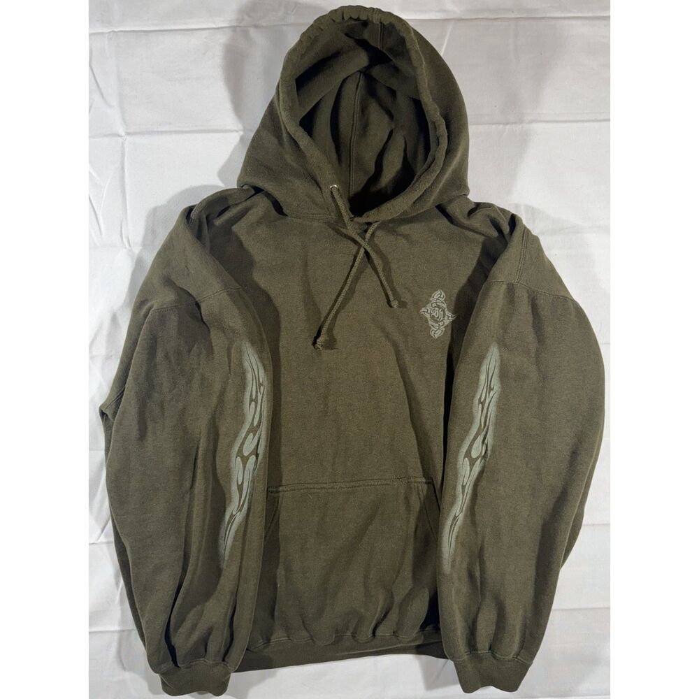 Vintage Y2K Bullhead Men's L Olive Skull Dragon Tribal Flame Graphic Hoodie